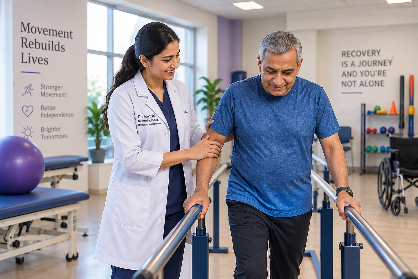 Neurorehabilitation specialist assisting an adult patient with walking and mobility recovery